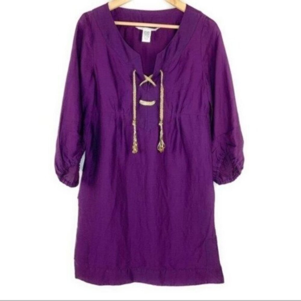 DVF Linen Blend Plum Dress w/ Gold Leather Tassels 60's 70's Boho Mini Dress